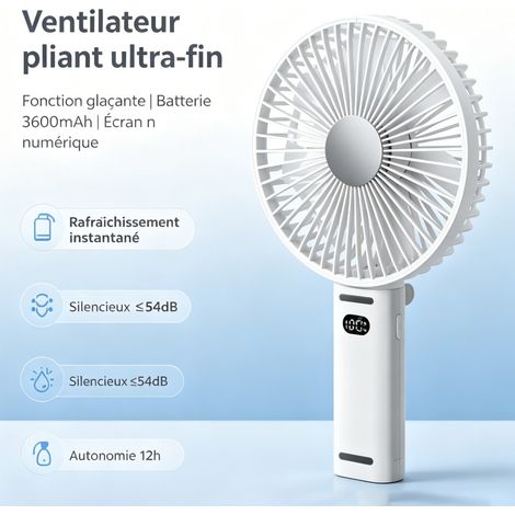 Ventilateur pliant ultra-fin à fonction glaçante, batterie 3600mAh 18650, autonomie max 12h, 7 pales silencieuses (1/4)