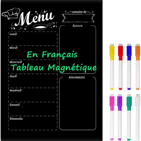 Français Tableau Magnetique Frigo, A3 Planning Frigo Magnetique pour Réfrigérateur avec 8 Craies Liquides Colorées, 40 cm x 30 cm Planifier Les Repas Familiaux, Listes De Courses - Noir (1/5)