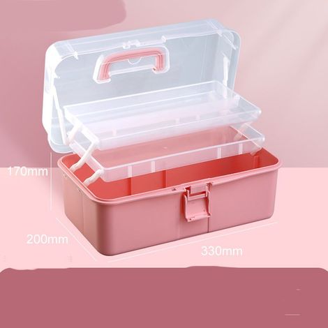 (Rose)Boîte de rangement de 33 cm avec 3 couches, boîte à outils multifonctionnelle en plastique avec poignée pour couture, maquillage, médicaments (1/4)