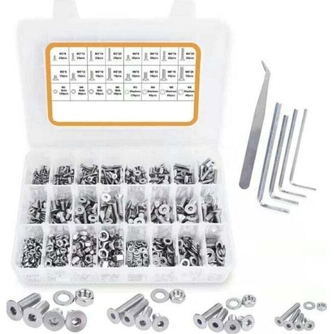 920 Pcs Vis à Tête Plate à Six Pans Creux et écrous et Rondelles Assortiment Set, M3 M4 M5 M6 Vis à Métaux Tête Fraisée Vis 304 en Acier inoxydable Boulons écrous Tête Kit(Vis à Tête Plate) (1/4)