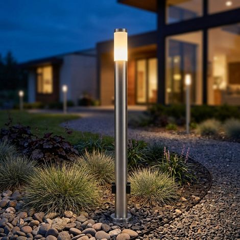 Außenstehlampe silber Erdspieß Wegeleuchte Edelstahl Gartenlampe 2x Außensteckdose, 1x E27, DxH 7,6 x 110 cm (1/5)