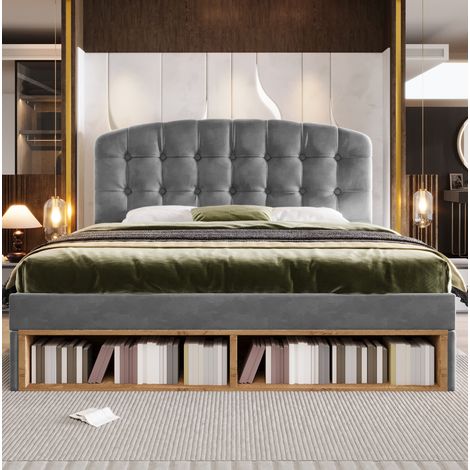 Cama doble 140x200 capitoné en terciopelo gris, cabecero regulable, almacenaje y cajones (1/5)