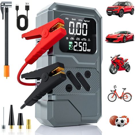 Pompe à air portable multifonctionnelle pour voiture, démarreur de secours et batterie externe, tout en un (1/5)