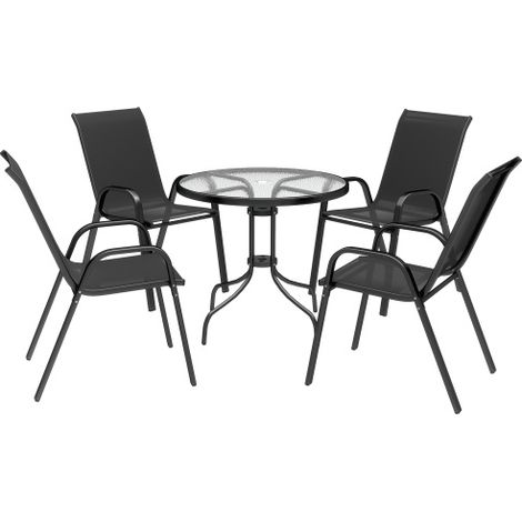 Stylish Black Five-Piece Steel Patio Set with Glass-Top Table for Outdoor Dining and Relaxation