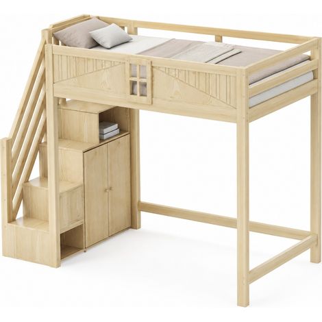 Lit mezzanine 90 x 200 cm avec sécurité fenêtre, escalier latéral réversible avec tablette, espace bureau sous le lit, bois, pour chambre enfant  CHICFURN (1/5)
