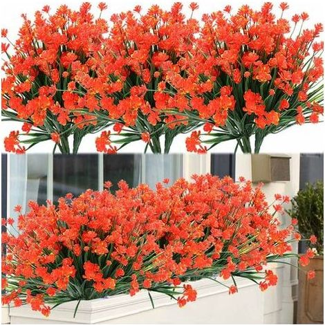 Bündel künstliche Outdoor-Blumen und -Sträucher, UV-beständige Pflanzen, künstliches Plastikgrün für drinnen und draußen, Hängepflanzen (Orange-Rot)