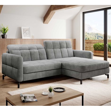 Canapé d'angle convertible velours avec coffre de rangement LORI angle droit-Gris clair-angle droit (1/5)
