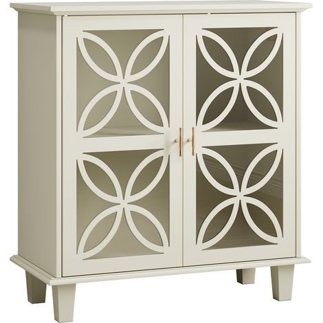 CAIziBuffet avec étagères réglables, meuble de salle de bain sur pied avec portes en verre trempé, console rétro moderne de cuisine, meuble de rangement décoratif à deux portes, crème