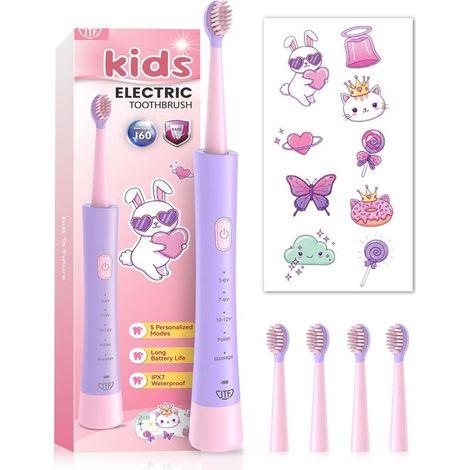 Spazzolino da denti elettrico JTF per bambini dai 3 anni – Spazzolino da denti di sonic con 5 modalità di spazzolatura, 4 pennello teste, timer, intelligente, resistenza all'acqua IPX7 e adesivi per p (1/5)