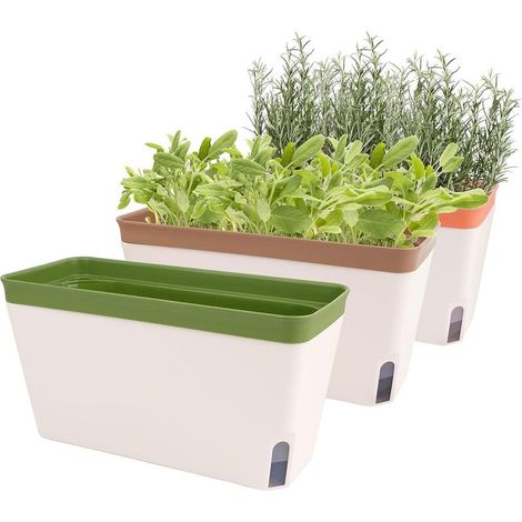 Cache-pot à arrosage automatique, lot de 3, pot de fenêtre rectangulaire 26 cm, pots en plastique modernes pour jardin extérieur (1/5)