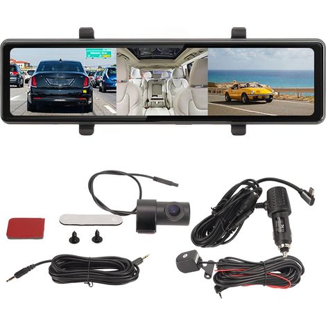 Miroir de Caméra de Tableau de Bord Automatique, Dashcam 10,26 Pouces, Objectif Arrière 1080P, Objectif Avant 2,5K, Triple écran D'enregistrement, Commande Vocale, FM, BT5.0, (T70) (1/5)