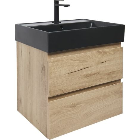 Meuble de salle de bains 2 tiroirs avec vasque céramique et mitigeur - SAT - B-Way - 59x50x45 - Chêne (décor) - Chêne