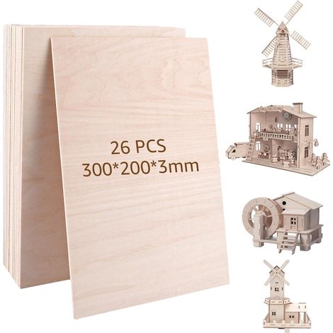 Lot de 26 Panneaux de contreplaqué 300 x 200 x 3 mm pour travaux manuels, Panneaux de contreplaqué en Bois de Tilleul inachevé pour projets Laser, modèle de Bricolage, Arts et Artisanat (1/5)