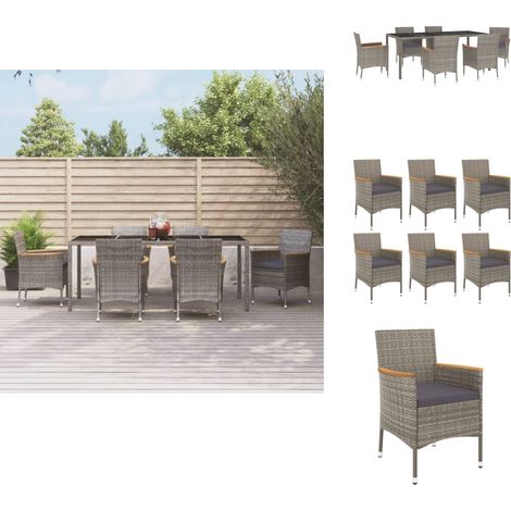7-tlg. Garten-Essgruppe mit Kissen Grau Poly Rattan - Gartensessel - Gartentisch - Gartenmöbelset - Outdoor Möbel - Rattan Gartenmöbel