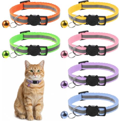 Lot de 6 colliers réfléchissants pour chat, avec fermeture rapide, avec clochette, réglable, 20 à 32 cm, pour chiots, petits chiens et chats, pour l'extérieur et l'intérieur (1/5)