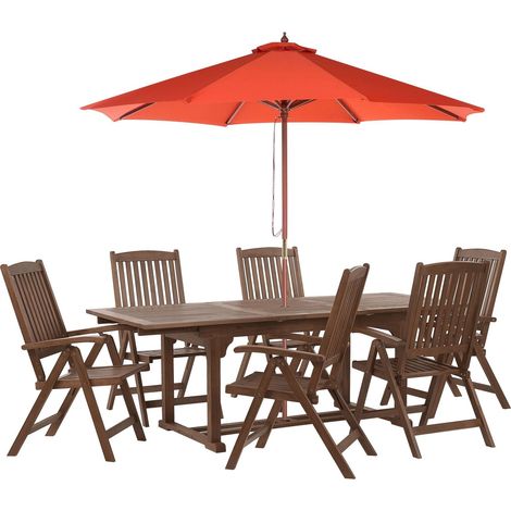 Garden Dining Set 6 Seater AMANTEA with Parasol Acacia Wood Red