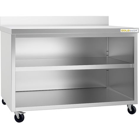 Meuble bas inox ouvert 1800x800 mm adossé sur roulettes PREMIUM - GOLDINOX (1/4)