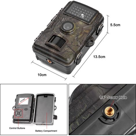 Caméra de chasse 1080p, 16 MP, avec écran couleur TFT 2 pouces, temps de déclenchement de 0,8 s, vision nocturne infrarouge, détection de mouvement, étanche IP66. (1/4)