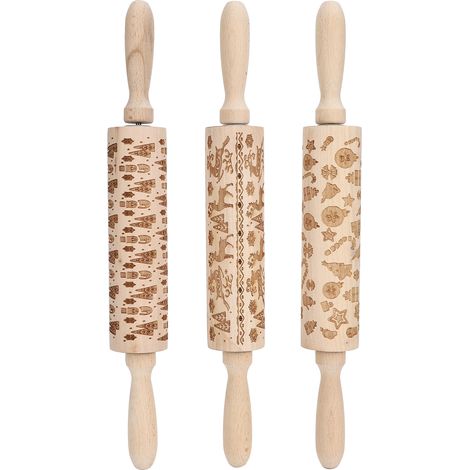 Set di 3 mattarelli in legno decorati con motivi natalizi in rilievo, ideali per torte, biscotti e altri utensili da cucina. (1/5)