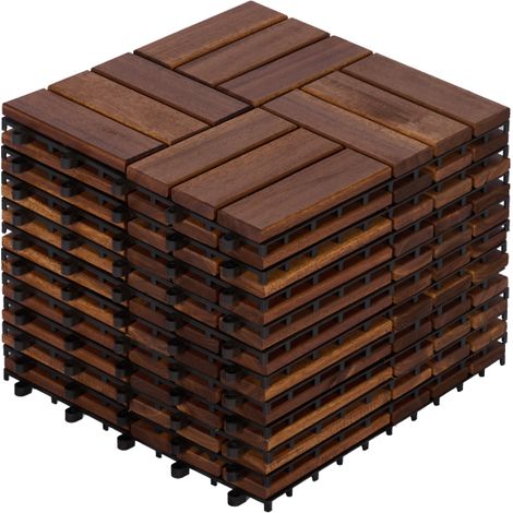 Dalles de terrasse clipsables en bois d'acacia, lot de 11 pcs 12" x 12", motif damier étanche pour balcon et jardin (1/5)