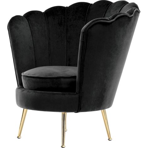 Fauteuil design velours noir style coquille pieds or - noir profond et pieds dorés (1/5)
