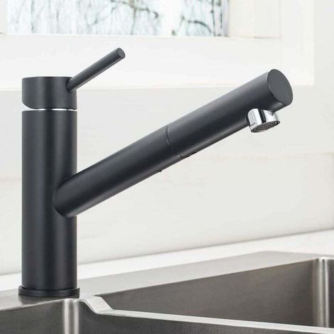 Robinet de Cuisine Noir avec Douchette, Mitigeur Evier Extractible Rotatif à 360°, Robinettrie Chaude et Froide Réglable en Acier Inoxydable SS304 thsinde (1/4)