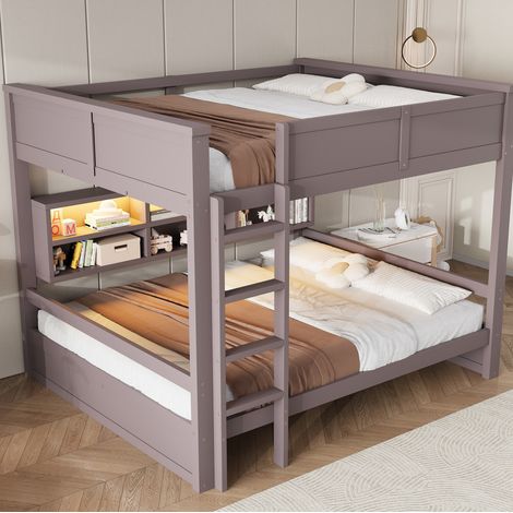 Lit superposé moderne en pin massif et MDF marron 160x200 cm avec tête de lit LED, 6 rangements et sommier à lattes