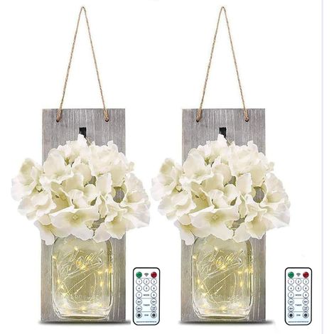 Wandleuchten im Einmachglas-Design mit Fernbedienung – 2er-Set Wandleuchten aus Holz, LED-beleuchtete Wanddekorationen für Schlafzimmer, Partys, Garten, Weihnachten, Terrasse und Hochzeiten (1/5)