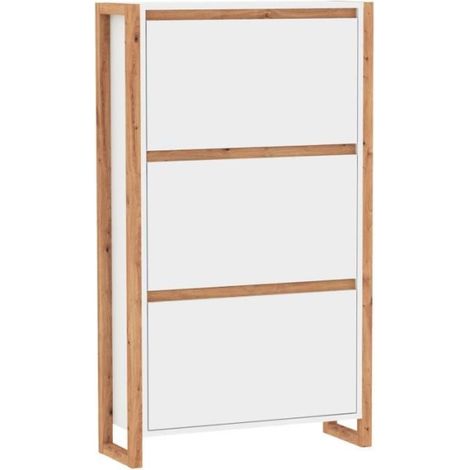 Meuble a chaussures - DENVER 49A - Blanc / Chene - 70 x 25 x 125 cm (1/5)