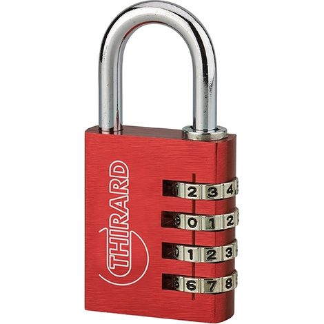 Lucchetto Maxium Code combinazione 4 cifre, 40mm, rosso, arco acciaio nichelato, corpo alluminio colorato - THIRARD