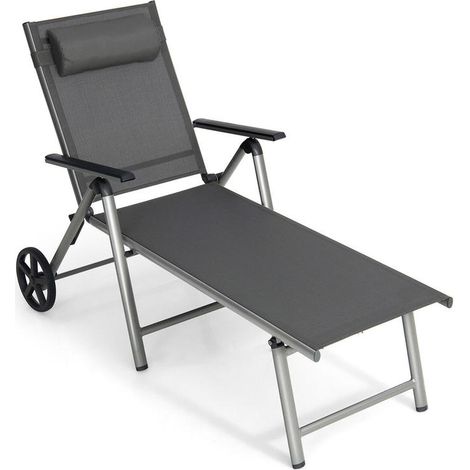 Pliable avec 2 Roues Bain de Soleil Transat de Jardin Dossier Inclinable 7 Positions et Coussin Amovible (1/5)