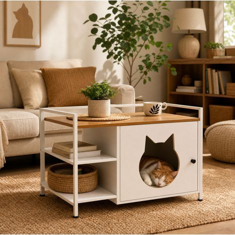 Meuble de rangement pour chat avec ouverture, 2 étagères, blanc et bois HAVRYA (1/5)