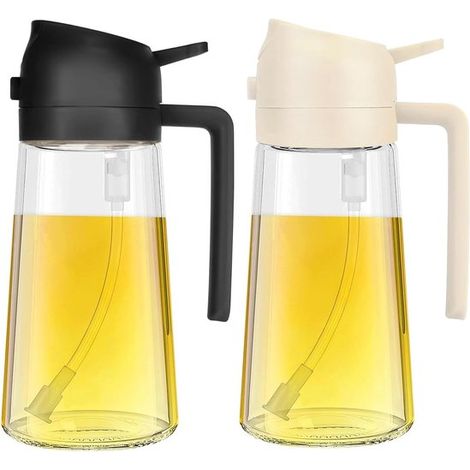 Spruzzatore e versatore per olio 2 in 1 - Set di 2 - Spruzzatore per olio d'oliva in vetro da 470 ml per cucinare, barbecue, friggitrice ad aria e insalate - Funzione spruzza e versa (nero/bianco)
