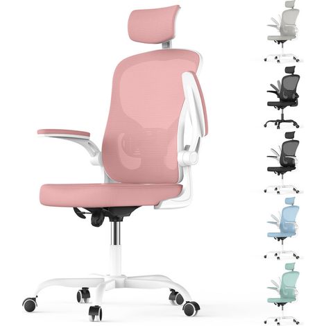 Rattantree – Silla de oficina ergonómica – Con reposabrazos abatibles hasta 90° – Altura ajustable de 45-55 cm – Gira 360° – Reclinación de 90-120° – Asiento ancho de 51 cm – Rosado