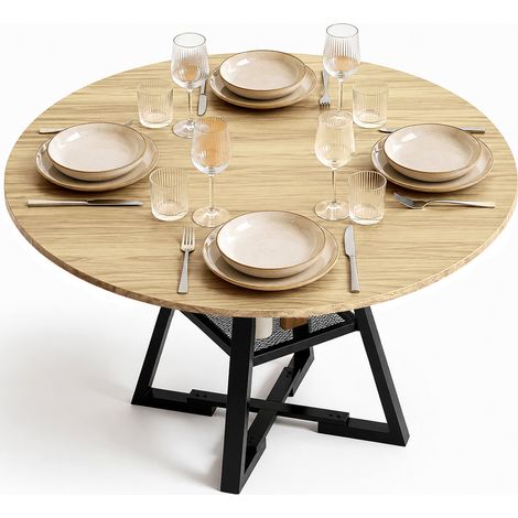 Tavolo per Sala da Pranzo Tondo Naturale con Ripiano Portaoggetti 120x120x76cm