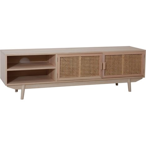Meuble TV Bas Lowboard en Bois de Paulownia et Rotin Naturel 2 Portes 2 Niches 150 x 36 cm - PANGIVO (1/5)