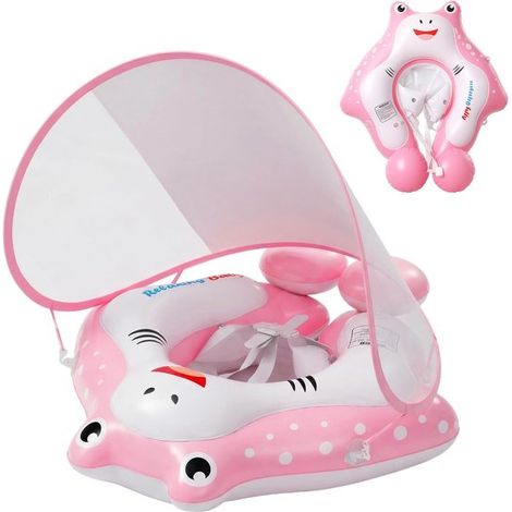 Flotador infantil Pink Fish con capota y bomba – Flotador antivuelco extra seguro para bebés de 12 a 36 meses (8-15 kg) (1/5)
