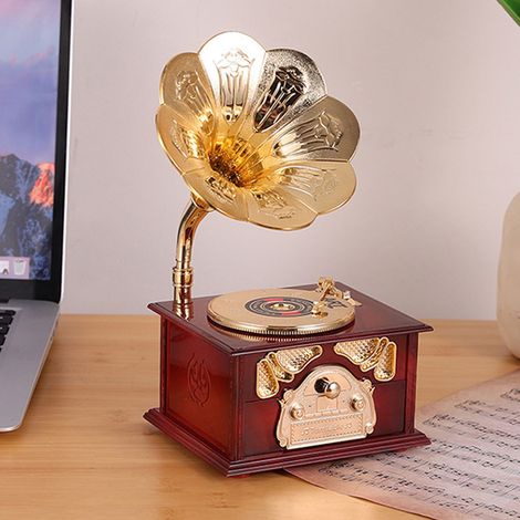 Caja de música de gramófono mecánico vintage hecha de ABS con mecanismo de cuerda, adorno decorativo para el hogar, color marrón. (1/5)