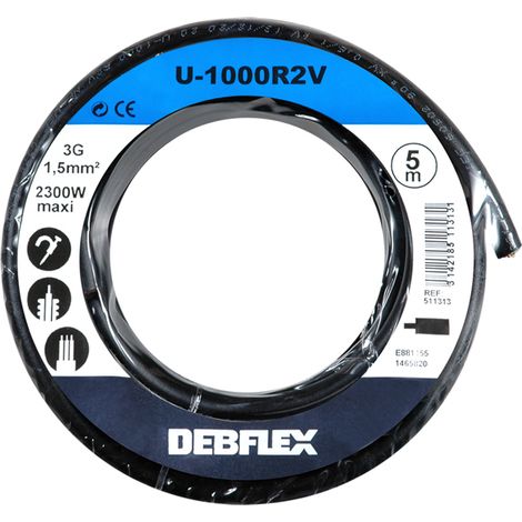 Debflex – Câble électrique bobiné 3G1.5 mm² 5m noir – Pour installations électriques – 511313 - U1000R2-V