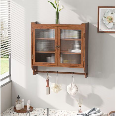 MEUBLIV Wandschrank mit Doppeltür 63 x 18 x 60 cm braun mit Glas und Handtuchhalter (1/5)