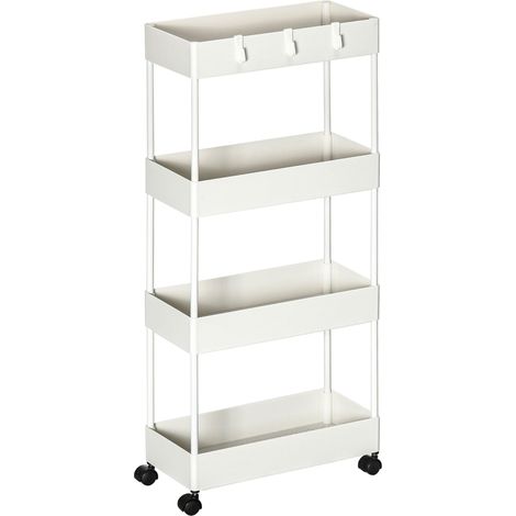 Carrello portaoggetti compatto 40 x 19 x 90 cm salva-spazio 4 livelli con ruote moderno ed essenziale in acciaio bianco 210005795