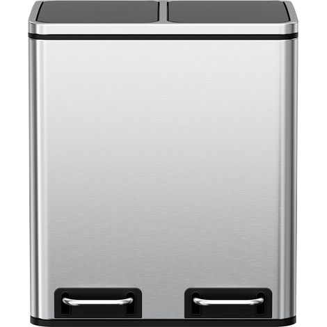 Poubelle de cuisine, 30 l, système de tri sélectif, 2 x 15 litres, sac poubelle de bureau, poubelle à pédale, déchets recyclables, déchets biologiques, couvercle à fermeture amortie, acier (1/5)
