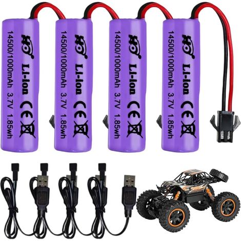 Batería de iones de litio (4 unidades), 3,7 V, 1000 mAh, recargable 18650, SM-2P con 4 cargadores USB, compatible con vehículos radiocontrolados, barcos, tanques y coches. (1/5)