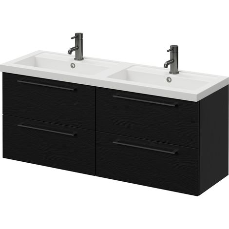 Napoli 390 Nero Oak 1200mm Wall Mounted 4 Drawer Vanity Unit with Double Lucia Basins - 1200mm - Gunmetal Grey 320mm Handle