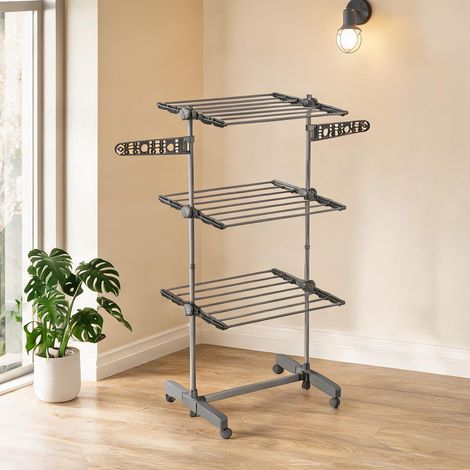 Sèche-linge sur roulettes trois niveaux en acier gris (1/5)
