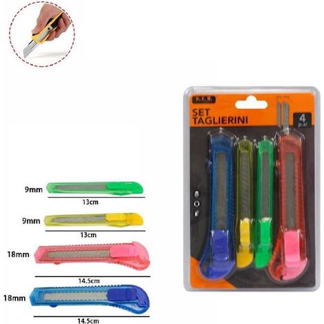Trade Shop - SET 4 PZ TAGLIERINO CUTTER COLORATI CON BLOCCO DI SICUREZZA LAME DA 9-18MM 71080 - (1/2)