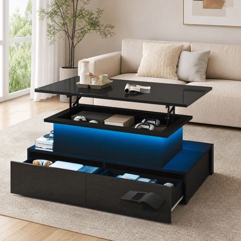 Mesa de centro LED con tablero elevable, 4 cajones, 90 x 55 x 41 cm, negro brillante HAVRYA (1/5)