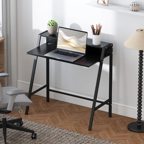 Bureau d'ordinateur moderne avec rangements et système de gestion des câbles, structure en métal, idéal pour étudier, une chambre ou un bureau à domicile. Dimensions : 84 x 45 x 85 cm. Couleur : noir. (1/5)