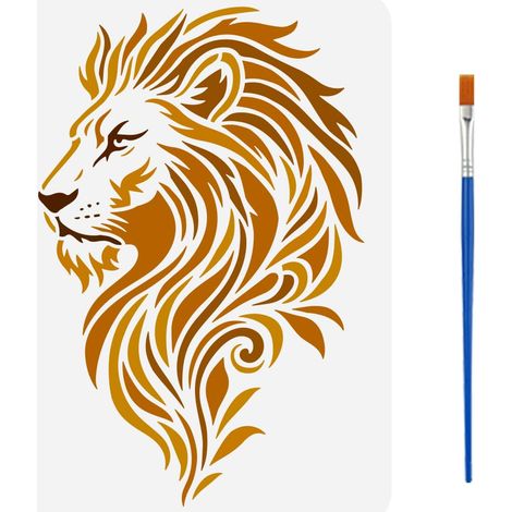 Pochoirs de Peinture à Motif de Lion Avec Pinceau 21x29.7cm Plastique Modèle de Dessin de Tête Lion Pochoir Décoratif Thème Animal Creux pour Peinture sur Bois Tissu Toile (1/5)