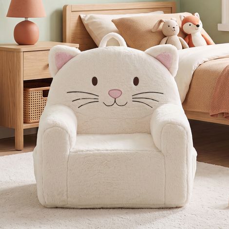 Wahson Canape Enfant en Fausse Fourrure, Petit Fauteuil d'enfant, Poches de Rangement, Rembourre et Confortable pour filles et gargons, Chambre d'enfant/Salon, Chaton Blanc